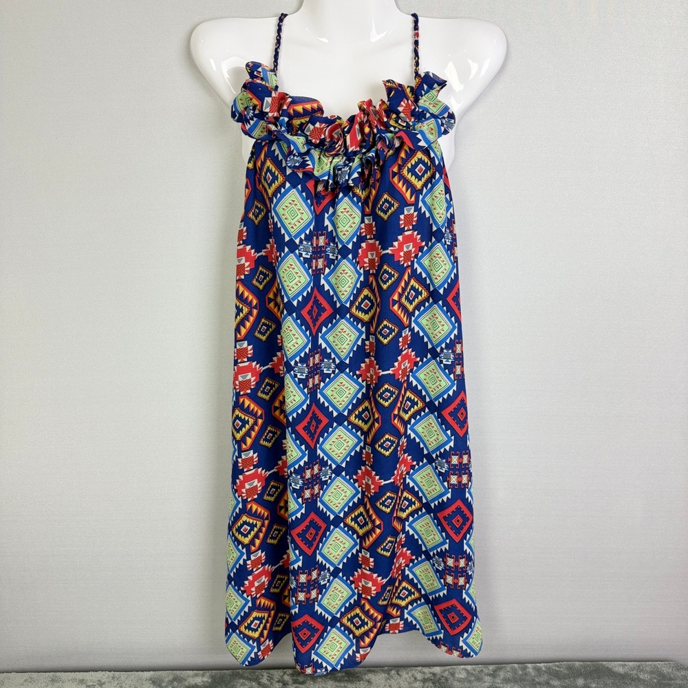 Ciel USA Womens Medium Blue Red Geometric Print Sleeveless Dress M‎